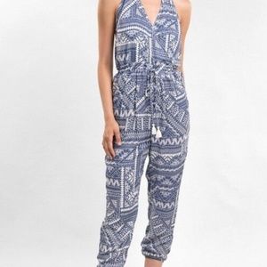 LOVE STITCH Noa Tribal Printed Jumpsuit in Vintage Slate w/ Halter Neck